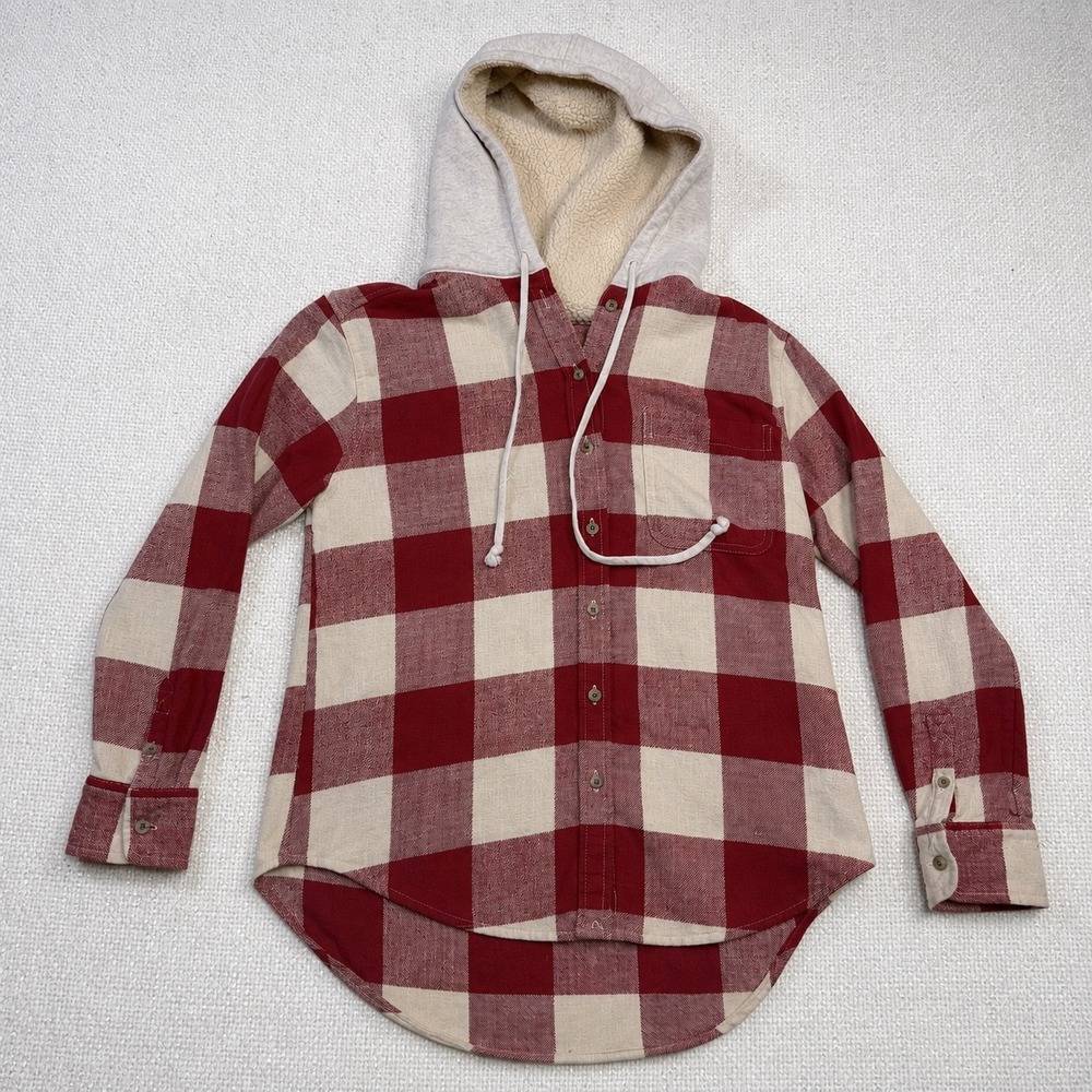 American Eagle Womens XS Red Cream Buffalo Plaid Sherpa Hooded Flannel Shirt